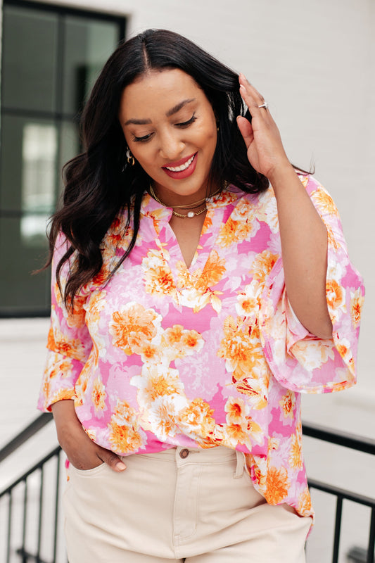 Dear Scarlett Lizzy Bell Sleeve Top in Pink and Gold Floral