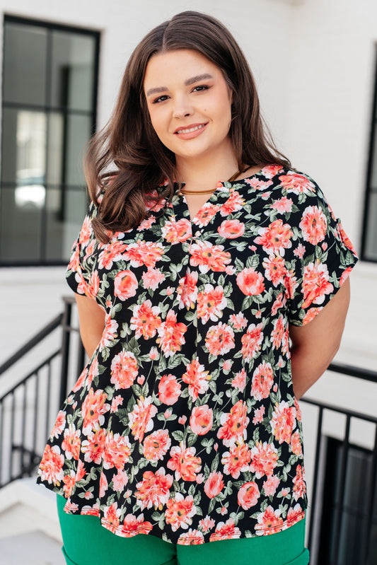 Dear Scarlett Lizzy Cap Sleeve Top in Black and Coral Floral