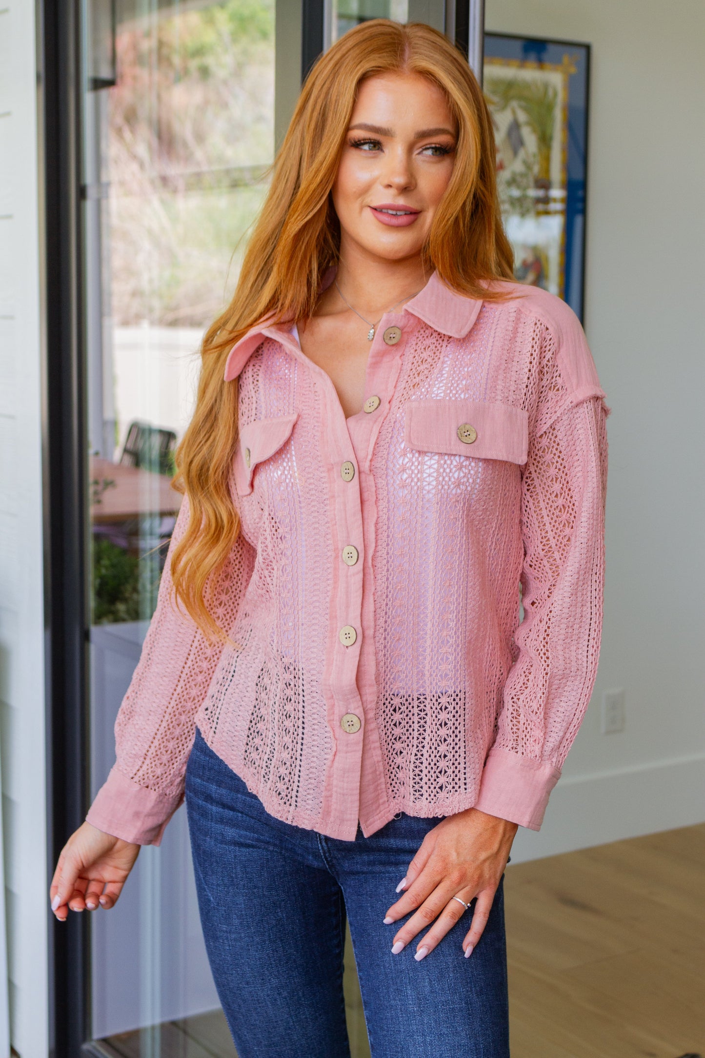 Very J Sweeter Than Nectar Lace Button Down in Rose