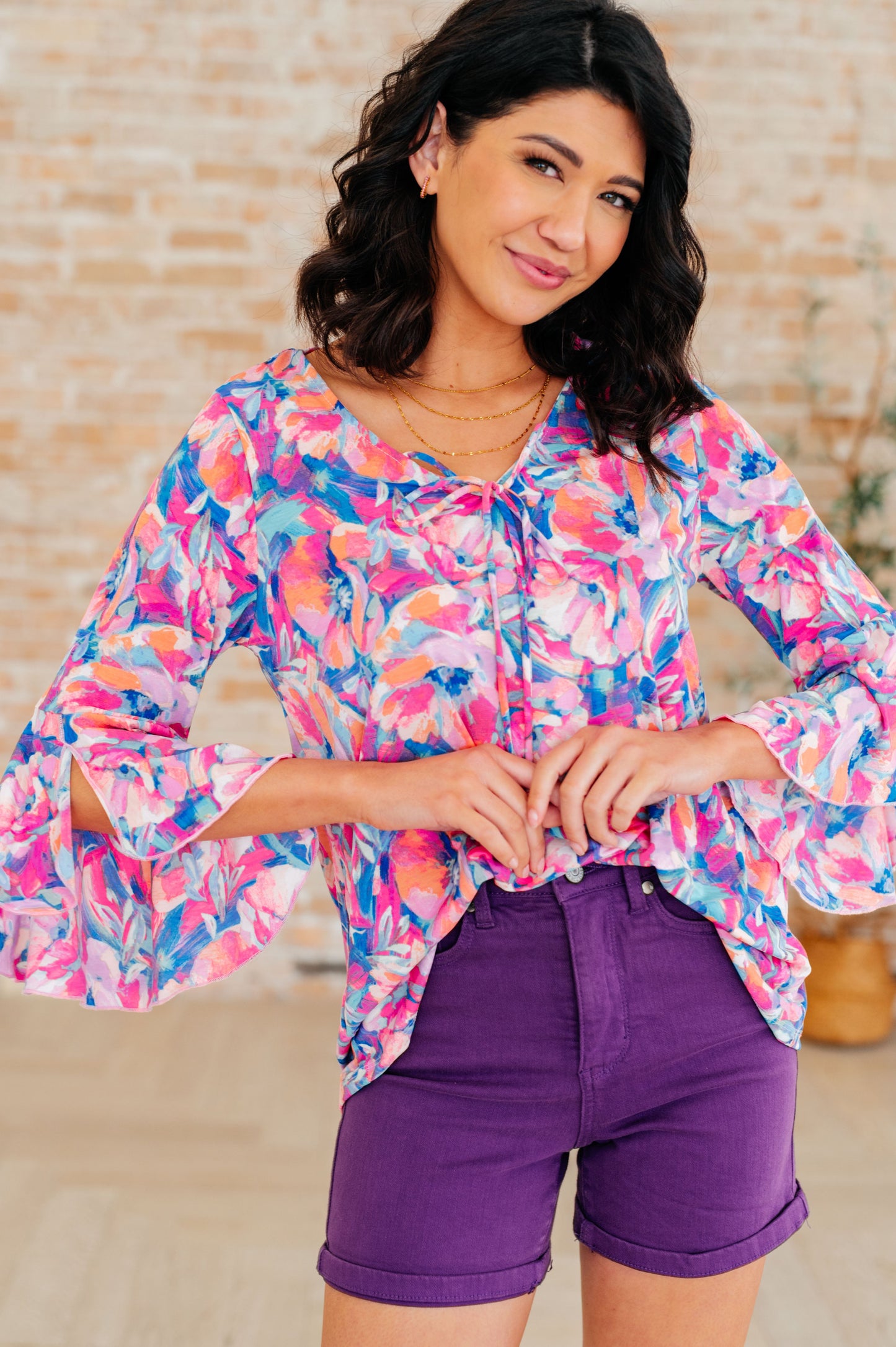 Dear Scarlett Willow Bell Sleeve Top in Royal Brushed Floral