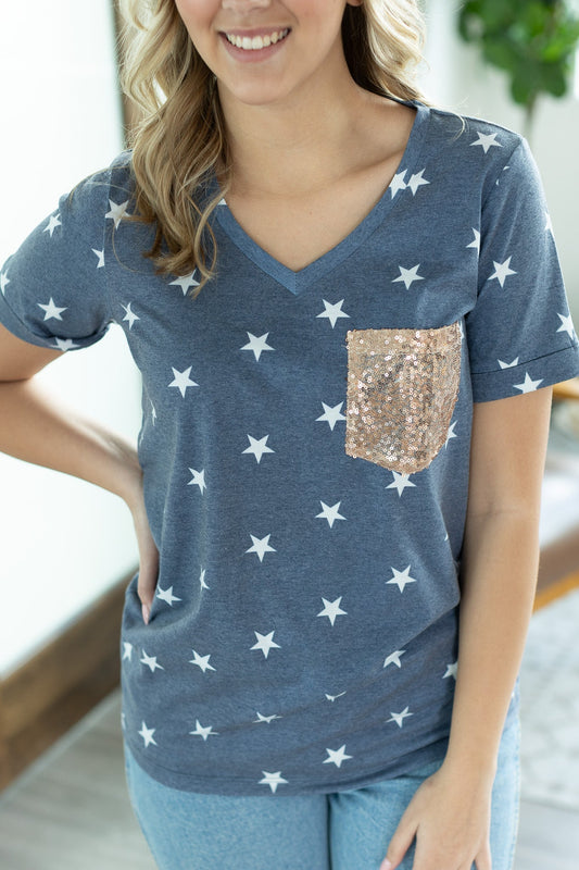 Michelle Mae Sophie Pocket Tee - Stars with Sequin Pocket