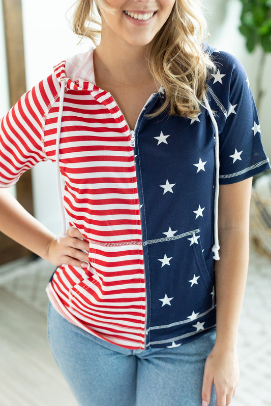 Michelle Mae Short Sleeve ZipUp Hoodie - Stars and Stripes